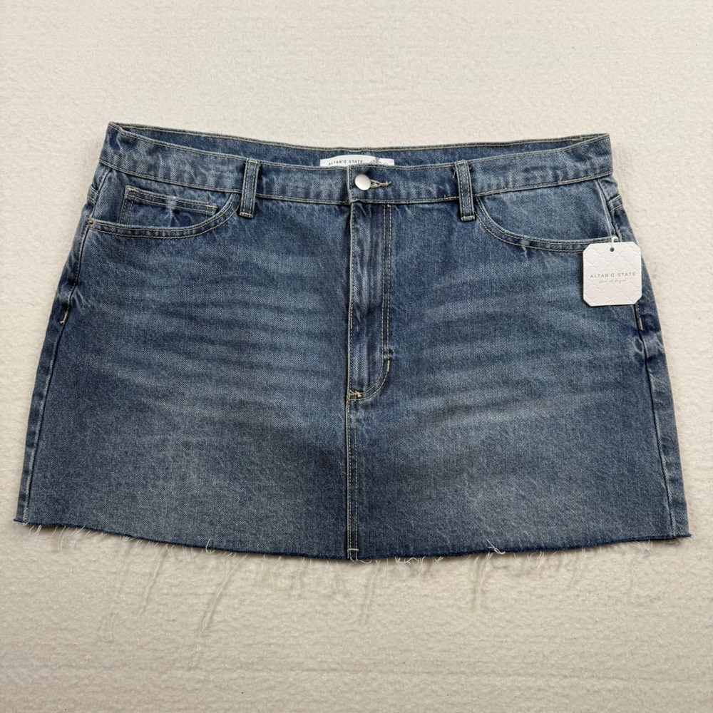 Altar'd State Denim Mini Skirt A New Day High-Rise Light Wash Raw Hem XXL